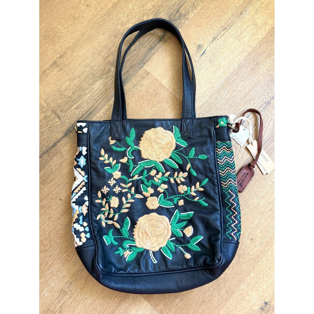 NWT Free People Old Trend Flora Soul Black Embroidered Leather Tote Bag Boho Big